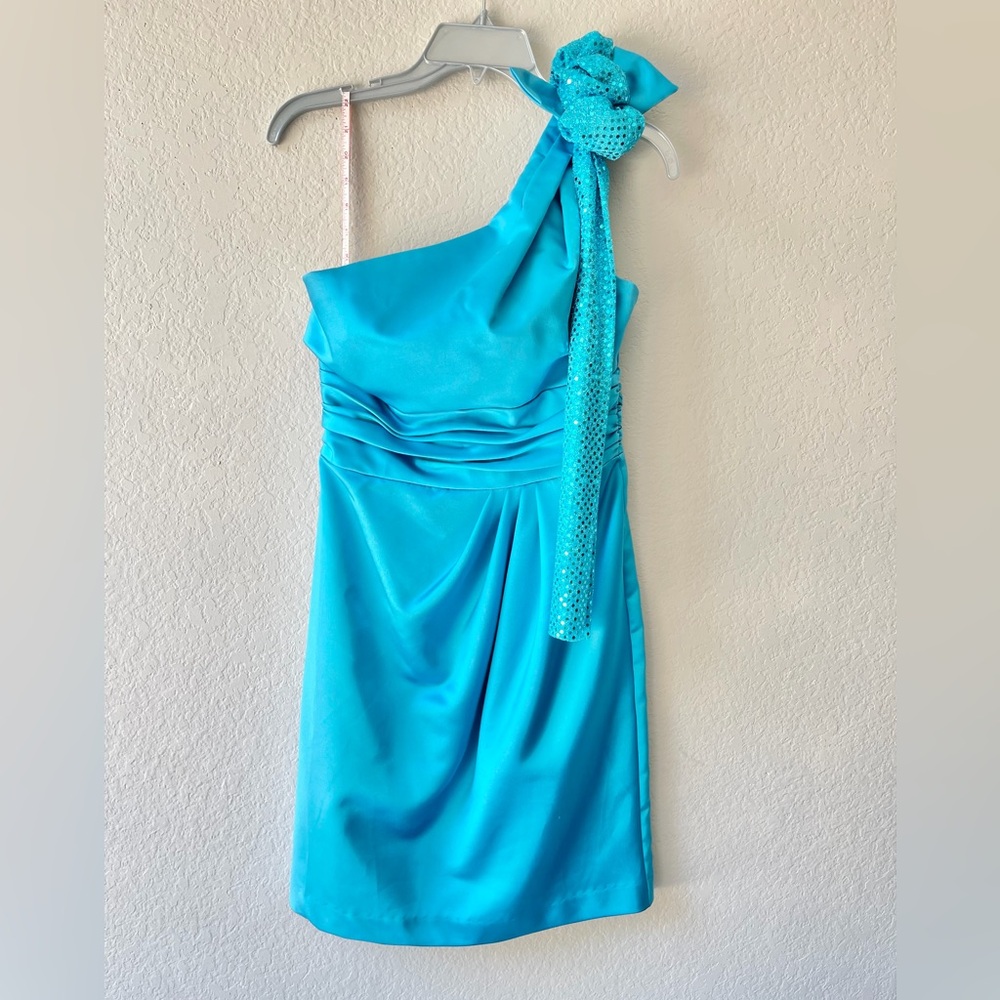 80’s style costume | David's Bridal Aqua One-Shoulder Dress